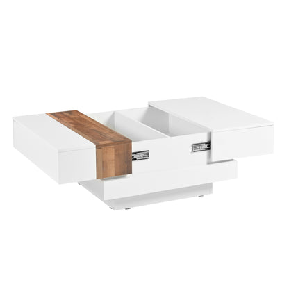 ON-TREND 31.4'' x 31.4'' Square Coffee Table with Sliding Tabletop, High Gloss Center Table with Hidden Storage Compartment, Extendable Cocktail Table with Walnut  Grain Finish for Living Room, White