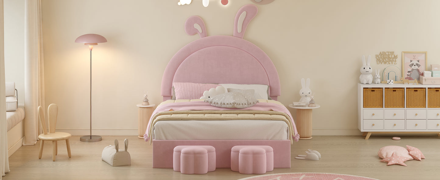 Full size Upholstered Rabbit-Shape Bed with 2 Storage Stools, Velvet Platform Bed with Cartoon Ears Shaped Headboard, Pink