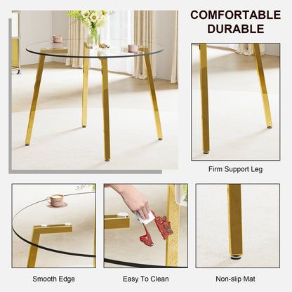 Table and chair set.Modern Luxurious Round Tempered Glass Dining Table Set-40*40 inch with 6 Transparent Plastic Dining Chair with Gold Metal Legs.Bring a comfortable home experience to the kitchen.