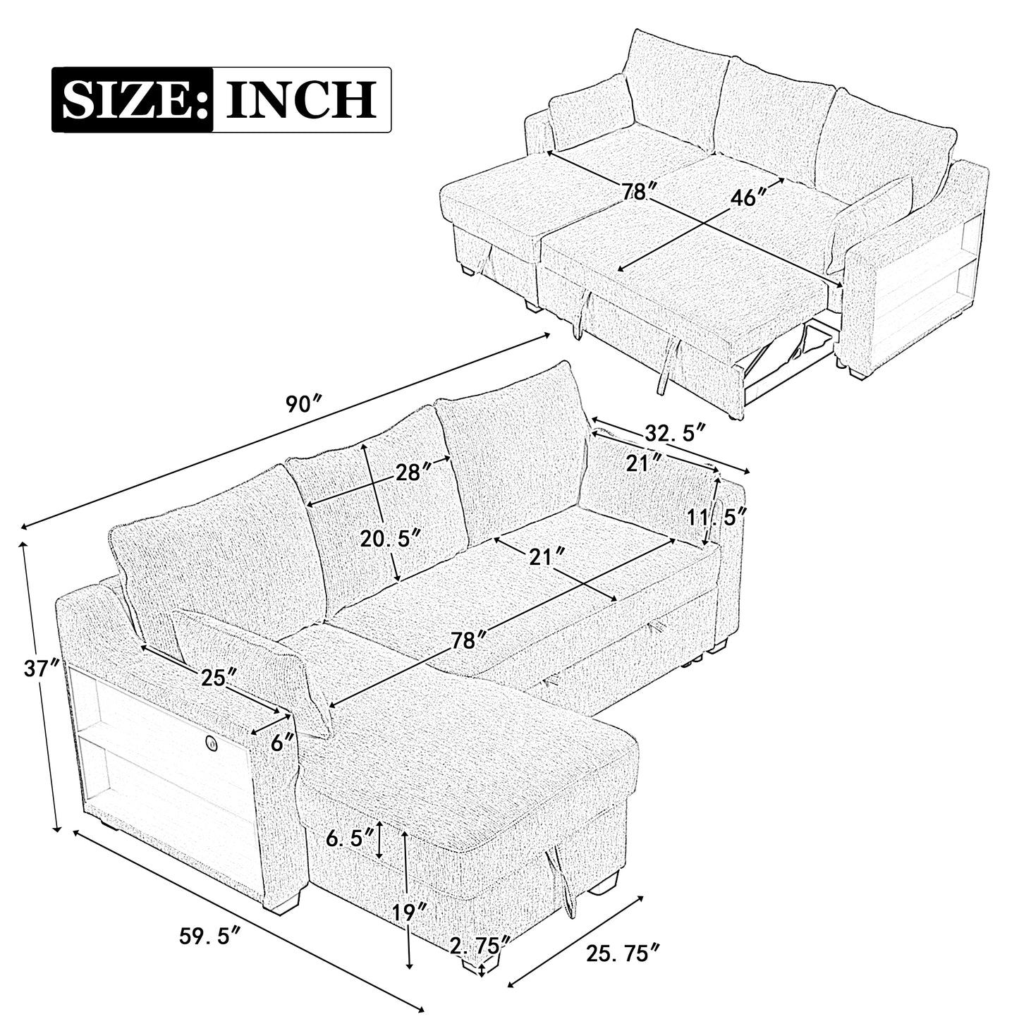 90" Pull Out Sleeper Sofa L-Shaped Couch Convertible Sofa Bed with Storage Chaise, Storage Racks and USB Ports (SG001340AA), Beige