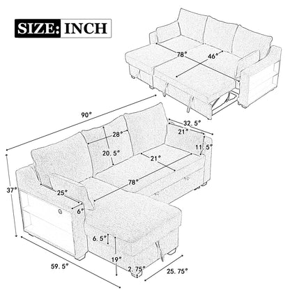 90" Pull Out Sleeper Sofa L-Shaped Couch Convertible Sofa Bed with Storage Chaise, Storage Racks and USB Ports (SG001340AA), Beige