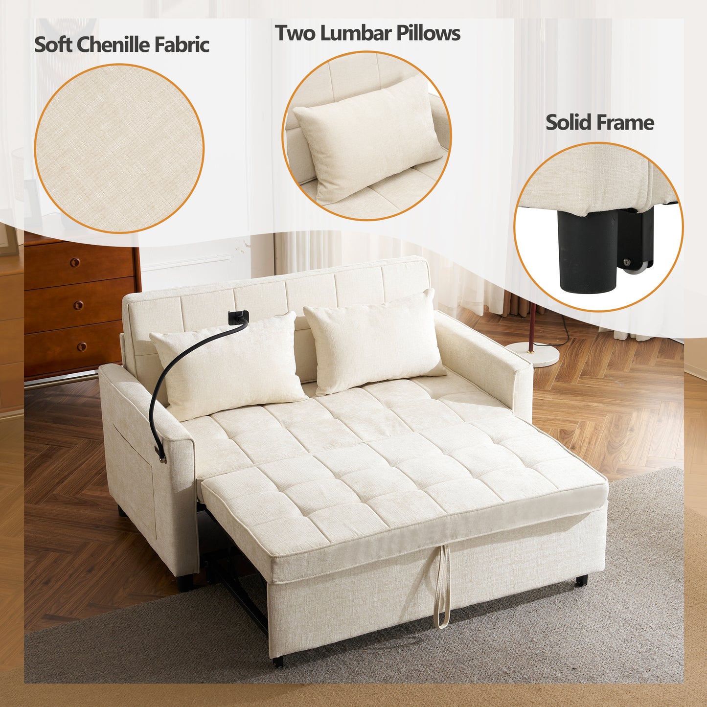 56.9" Loveseat Sofa Pull-out Sofa Bed Sleeper Sofa with a Reversible Backrest Cushion, Side Pockets, Two USB Ports and a Phone Holder for Living Room, Beige