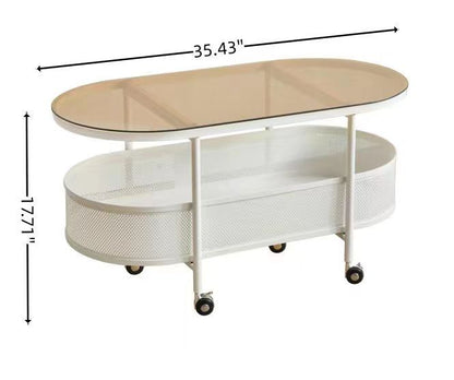 Movable oval metal glass coffee table with storage