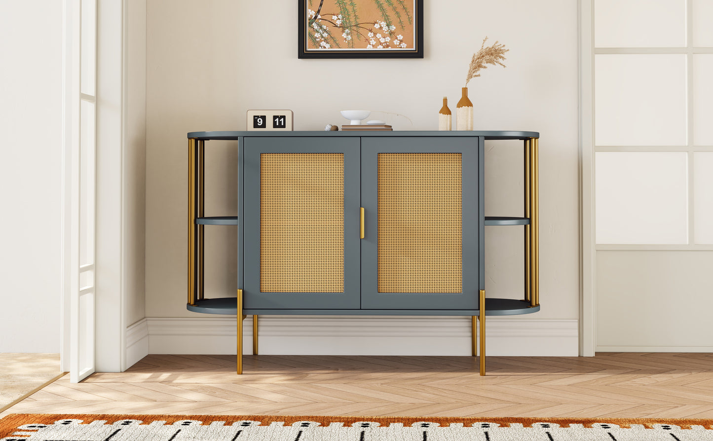 TREXM 2-Door Elegant Curved Dining Cabinet with Gold Trim and Woven Rattan Doors for Dining Room (Dark Gray)