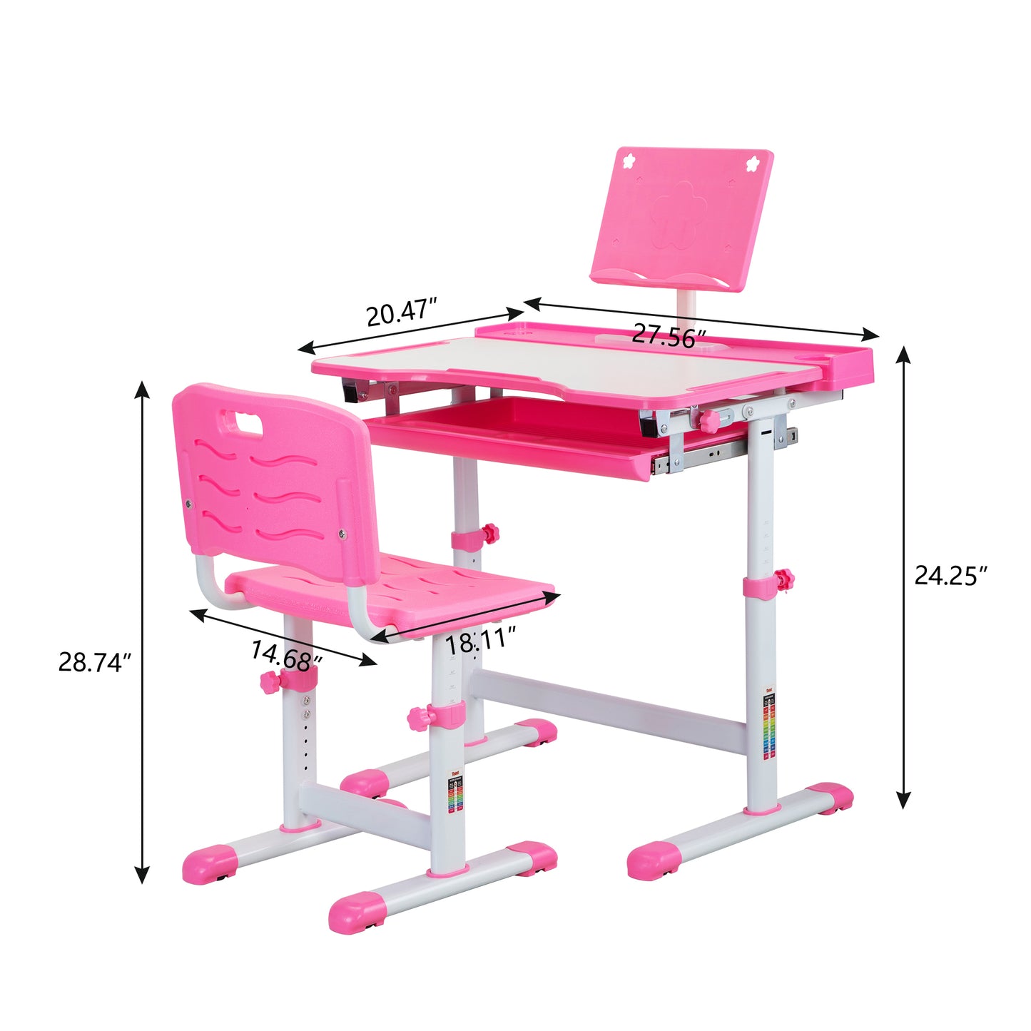 Height Adjusting Kid's Desk and Chair Set Study Station with Tiltable Table-top, Corner Guard,Book Rack,Lamp Slot and Drawer