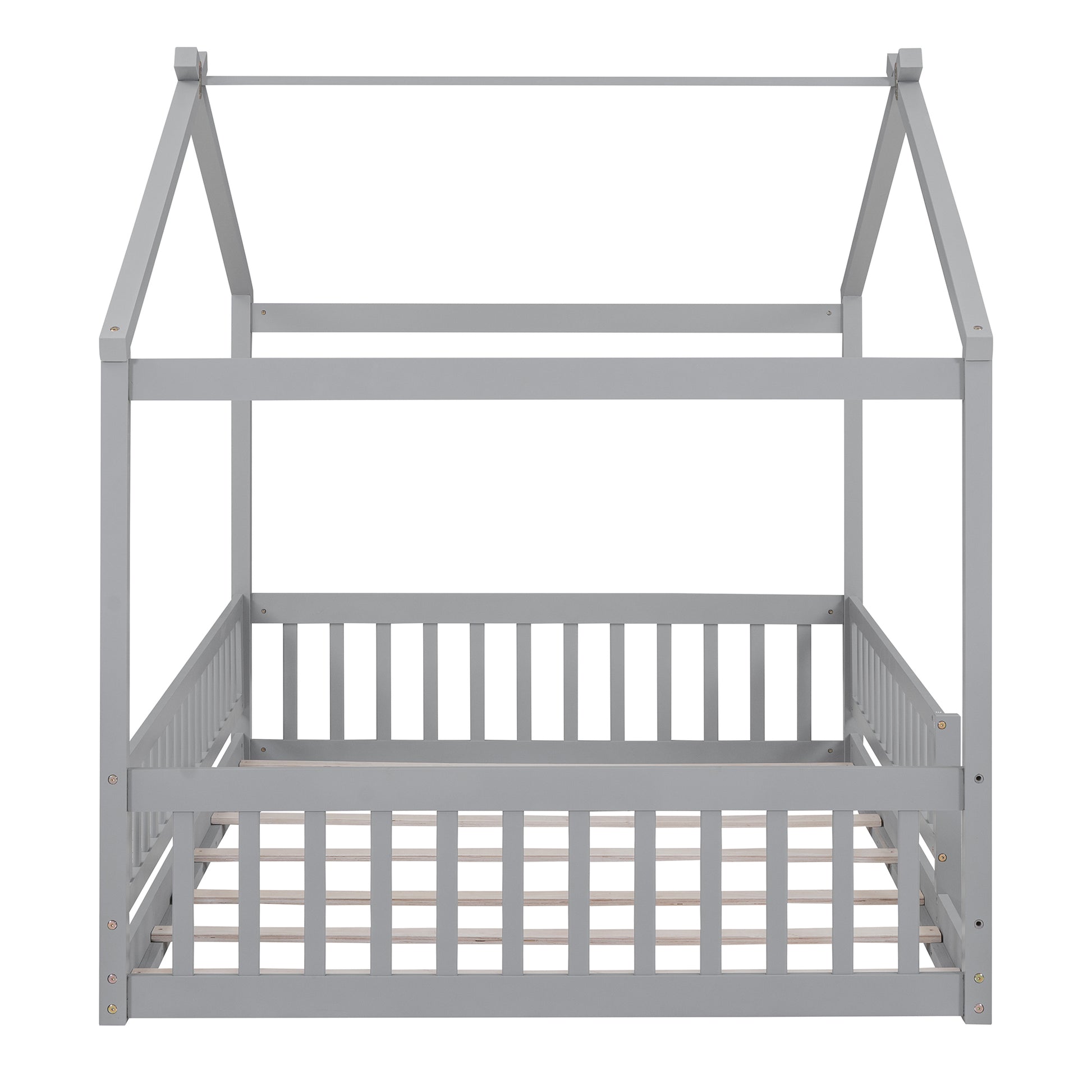 Full Size Wood Bed House Bed Frame with Fence, for Kids, Teens, Girls, Boys,Gray