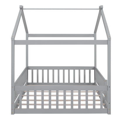 Full Size Wood Bed House Bed Frame with Fence, for Kids, Teens, Girls, Boys,Gray