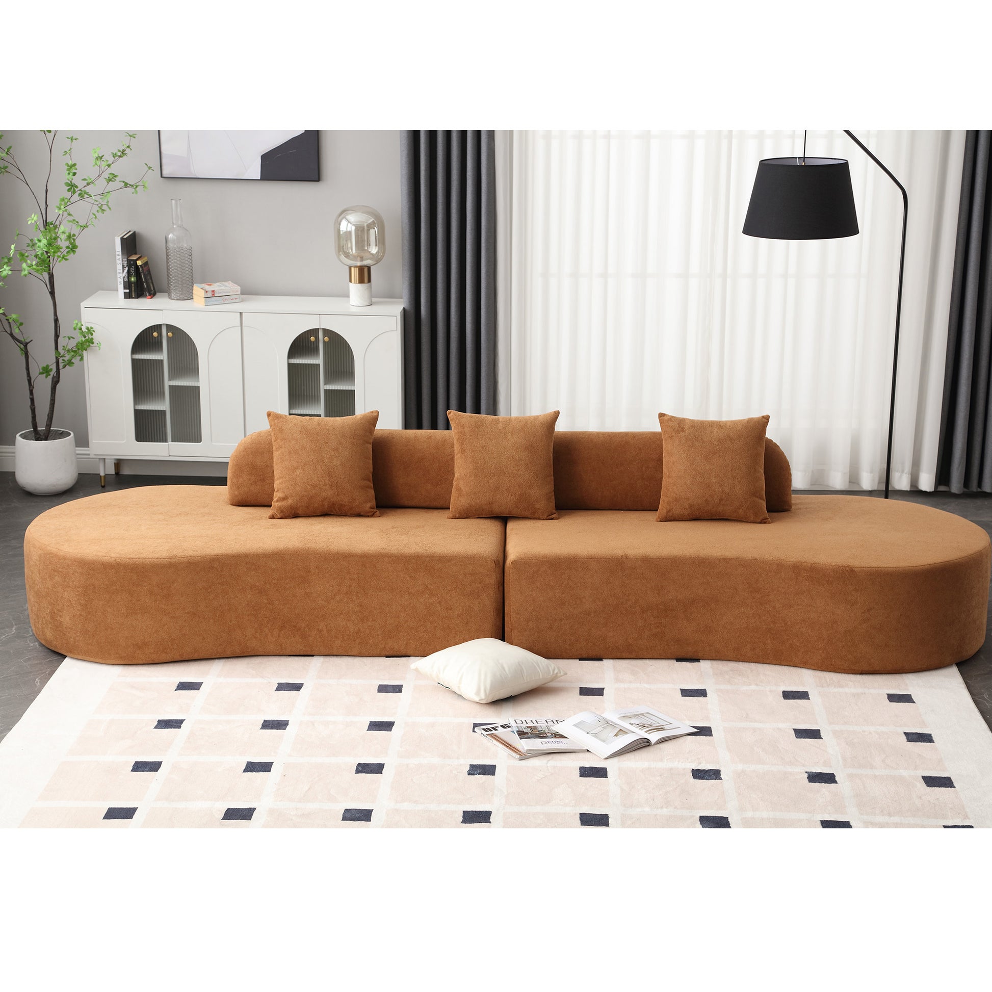 [NEW ARRIVED] [VIDEO PROVIDED] Modern curved combination sofa, terrycloth fabric sofa, minimalist sofa in living room, apartment, no assembly required, three pillows,Browm