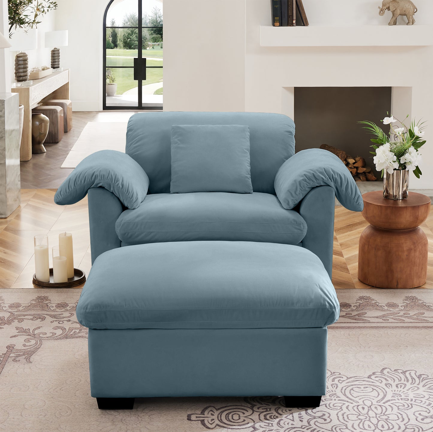 Upholstered Deep Seat Sofa with Fluffy Armrest Pillows and Backrest,Velvet Fabric Single Accent Chair with Ottoman, Both Seat and Ottoman Has Storage Space,Reading Accent Chair Set for Living Room Bed