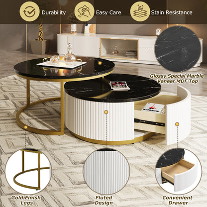 Modern Round Nesting Coffee Table Fluted with Drawer in Black & Gold in 31.5''