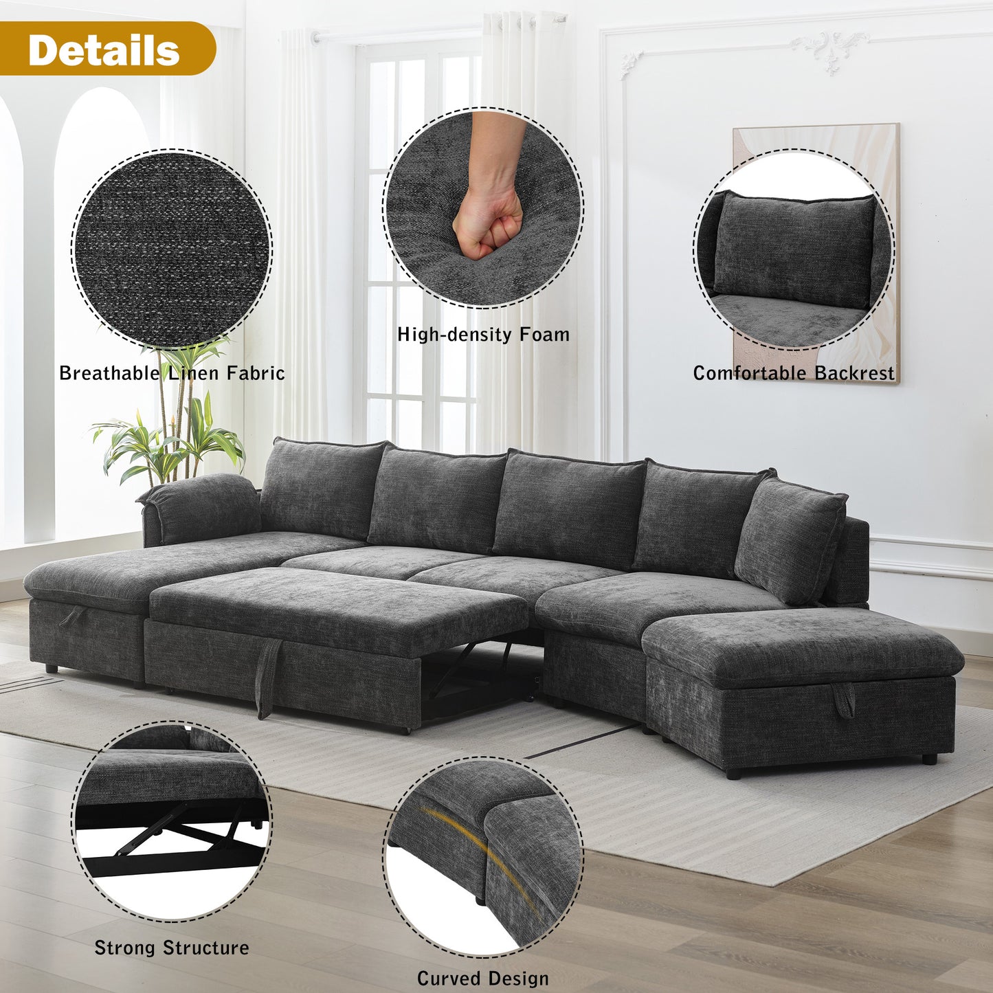 146.9" L-shaped Sofa Sectional Sofa Couch Pull-out Sofa Bed with a Movable Storage Ottoman, a Storage Chaise Lounge and Two USB Ports for Living Room, Grey