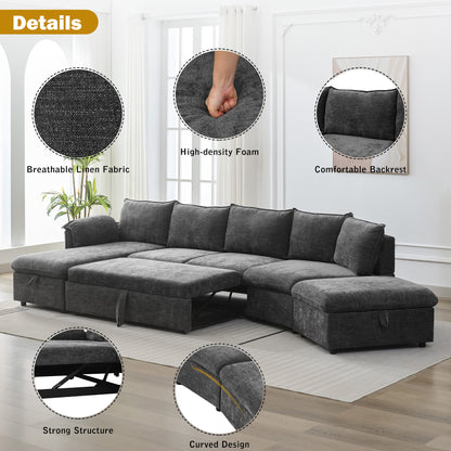 146.9" L-shaped Sofa Sectional Sofa Couch Pull-out Sofa Bed with a Movable Storage Ottoman, a Storage Chaise Lounge and Two USB Ports for Living Room, Grey