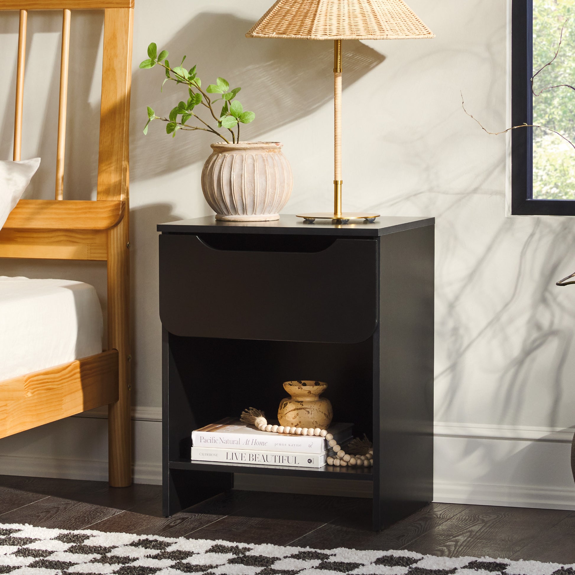 Modern Minimalist 1-Drawer Nightstand with Cubby – Black