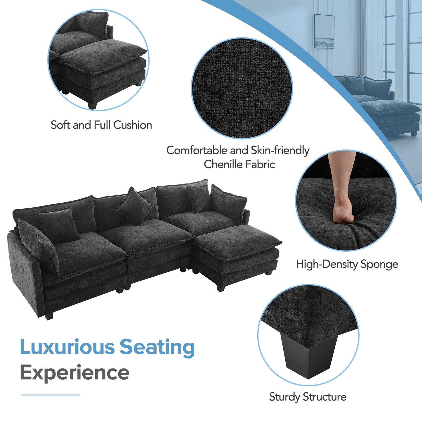 112.2" L-Shape Chenille Upholstered Sofa for Living Room Modern Luxury Sofa Couch with Ottoman and 5 Pillows for Living Room (SG001160AA), Black