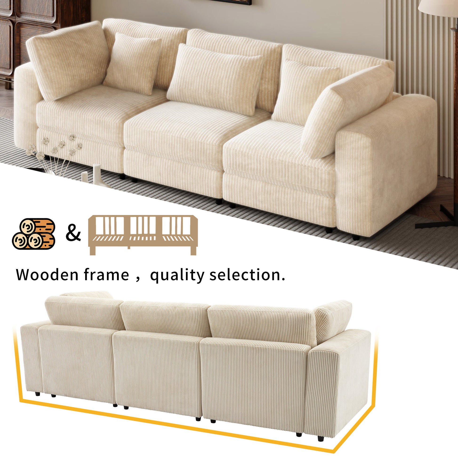 [ Video Provided]U_STYLE 105'' 3 Seater Sofa with Removable Back Cushions and 5 Pillows , for Living Room, Apartment, Spacious Space