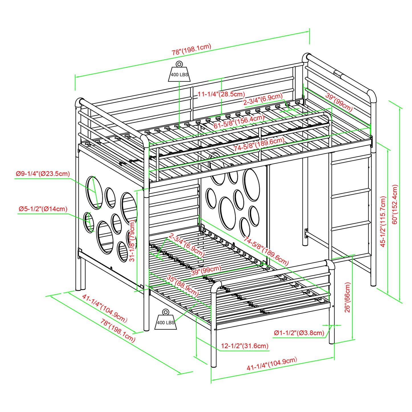 Modern Geo Cutout Colorful Twin L-Shaped Bunk Bed – White / Cool Grey