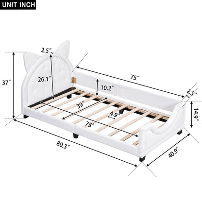 Teddy Fleece Twin Size Upholstered Daybed with Carton Ears Shaped Headboard, White