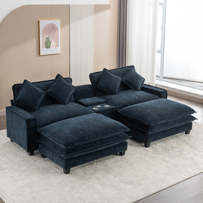 112.6" Sectional Sofa Chenille Upholstered Sofa with Two Removable Ottoman, Two USB Ports, Two Cup Holders and Large Storage Box for Living Room, Blue