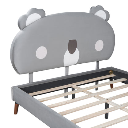 Full Size Upholstered Platform Bed with Koala-Shaped Headboard, Gray