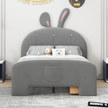 Full Size Velvet Platform Bed with Rabbit-Shaped Headboard, with Drawers, with Bed-End Storage Pocket, Gray