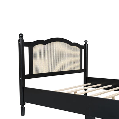 Queen Size Wooden Platform Bed with Natural Rattan Headboard, Vintage Bed Frame with Wooden Slat Support, Black