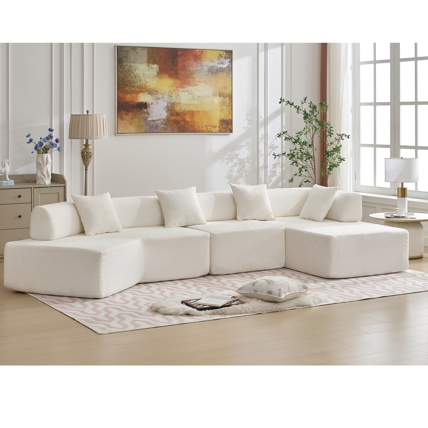 [NEW ARRIVED] [VIDEO PROVIDED]Modern Minimalist 140" L-Shape Couch ,No Assembly Required,Boucle,Modular Sofa ,Couch with Chaise,Free Combination Foam-Filled Sofa, 4 Seats,White