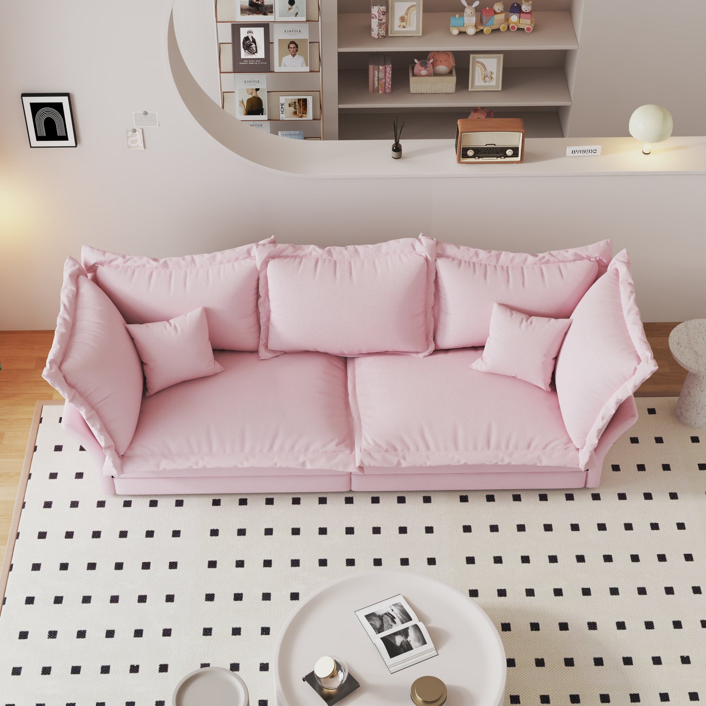 90.55" Modern Comfy Upholstered Sofa Cloud Couch, Deep Seat Couches with Multiple Large Soft Pillows,Convertible Deep Seat Chaise Longue for Living Room Bedroom,Apartment,Office,PINK