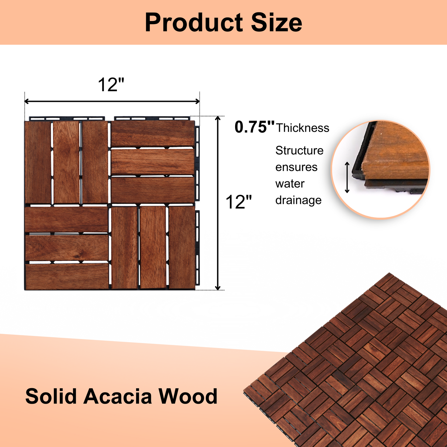 Acacia Wood Interlocking Deck Tiles Checker Pattern, 30 PCS  12" x 12" Square Acacia Hardwood Outdoor Flooring for Patio, Bancony, Pool Side,...