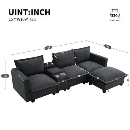 [VIDEO provided][New]109*57"Modern Sectional Cloud Sofa with Console,USB Charging Port,Reading Light,Cup Holder,4 Seat Chenille Modular Couch,Storable Indoor Funiture for Living Room,Apartment,2 Color