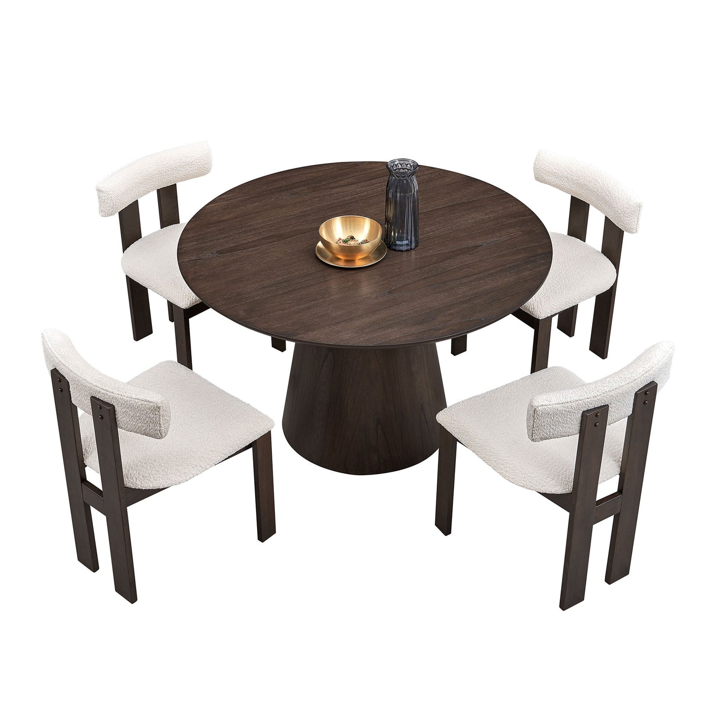 (1 Table with 4 Chairs)Wooden Dining Table Set, Modern Round MDF Kitchen Table and Boucle Upholstered Dining Chairs for Dining Room, Kitchen, Saving Space, Brown