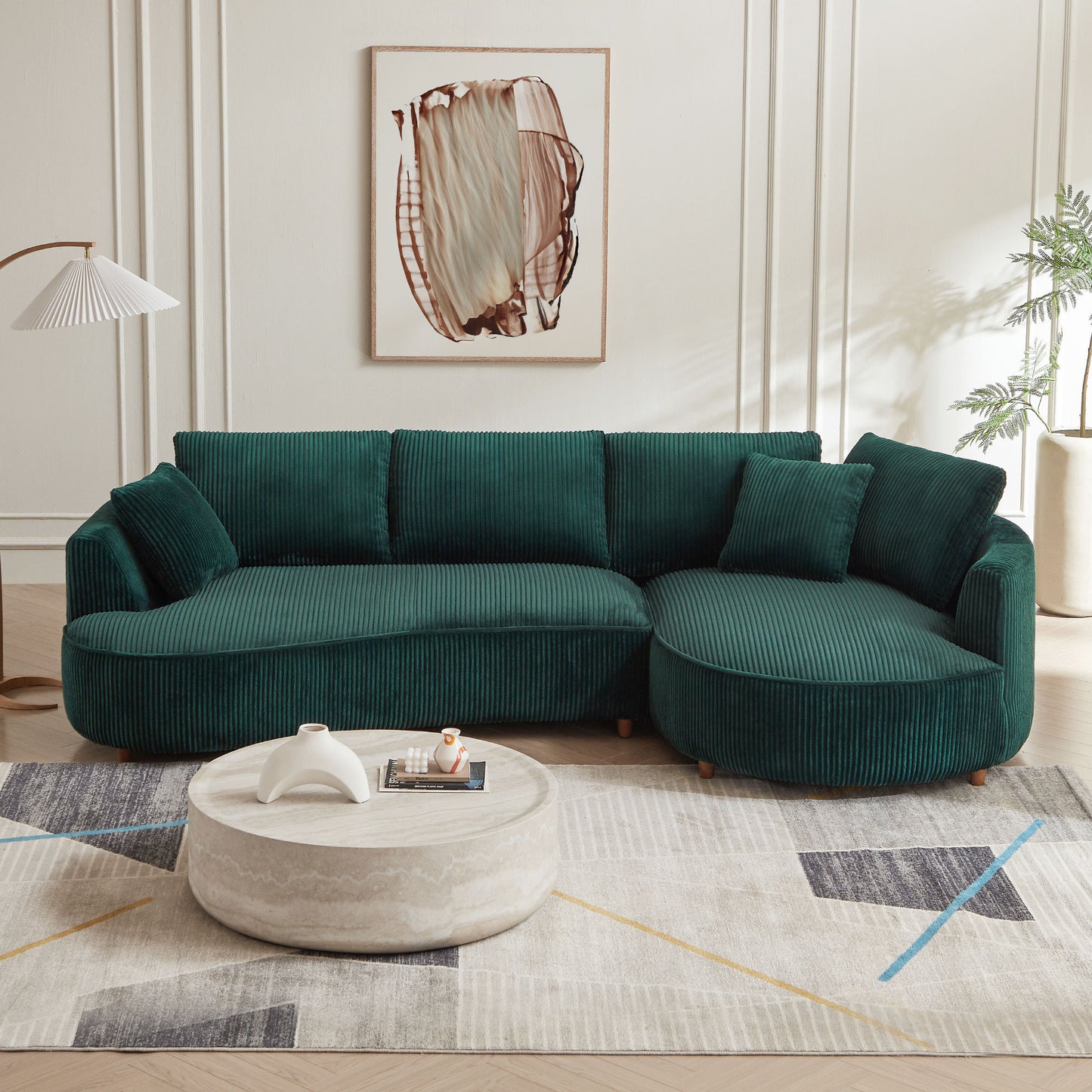 122.04 inch Corduroy Upholstered Sectional Sofa with Right Facing Chaise for Living Room Office Corner Corduroy Modern Sofa GREEN