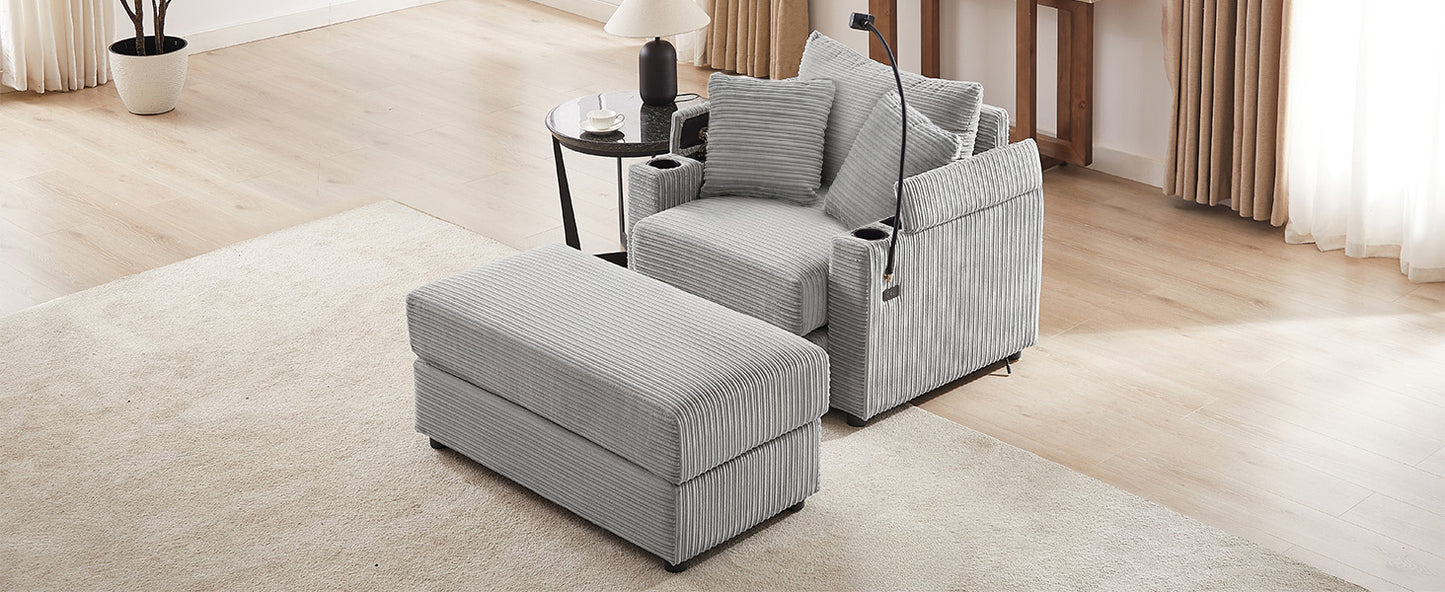 41.7" Modern Style Single Sofa Sofa Couch with Storage Space, A Movable Ottoman, Two USB Ports, Two Cup Holders, A Phone Holder for Living Room, Grey