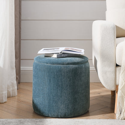 2-Piece Set Round Chenille Storage Ottoman, Equipped with a Drum Shaped Small Stool, Storage Space, and MDF Made Desktop Panel (Dark Blue23.62"x23.62"x16.53")