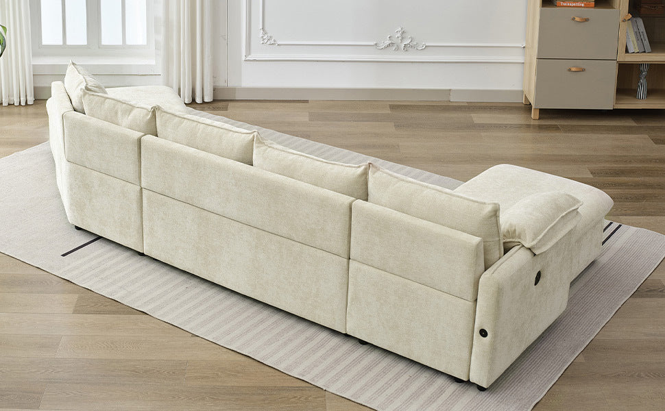 146.9" L-shaped Sofa Sectional Sofa Couch Pull-out Sofa Bed with a Movable Storage Ottoman, a Storage Chaise Lounge and Two USB Ports for Living Room, Beige