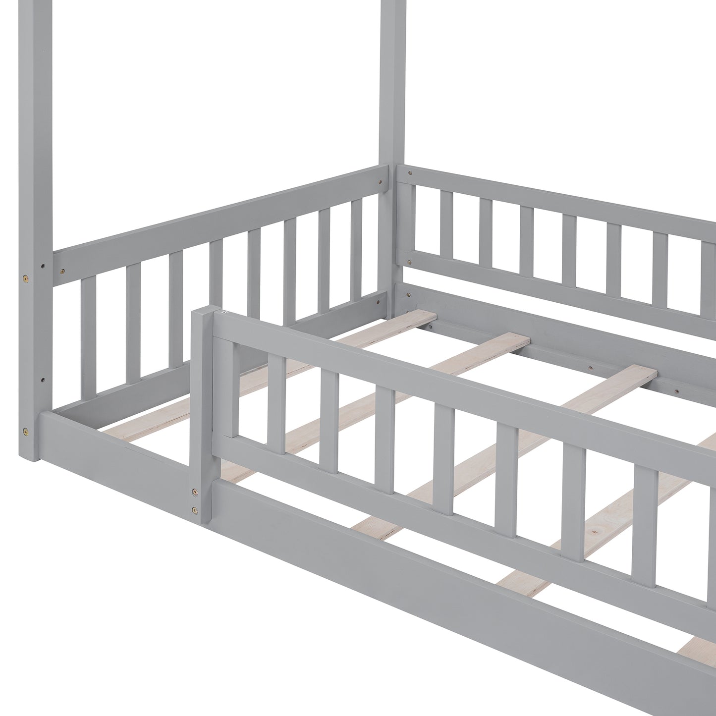 Twin Size Wood Bed House Bed Frame with Fence, for Kids, Teens, Girls, Boys, Gray