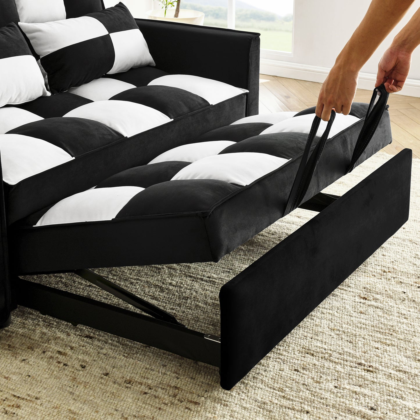 modern velvet loveseat sofa couch  pull out  bed,3 in one convertible for living room sofa bed,black white