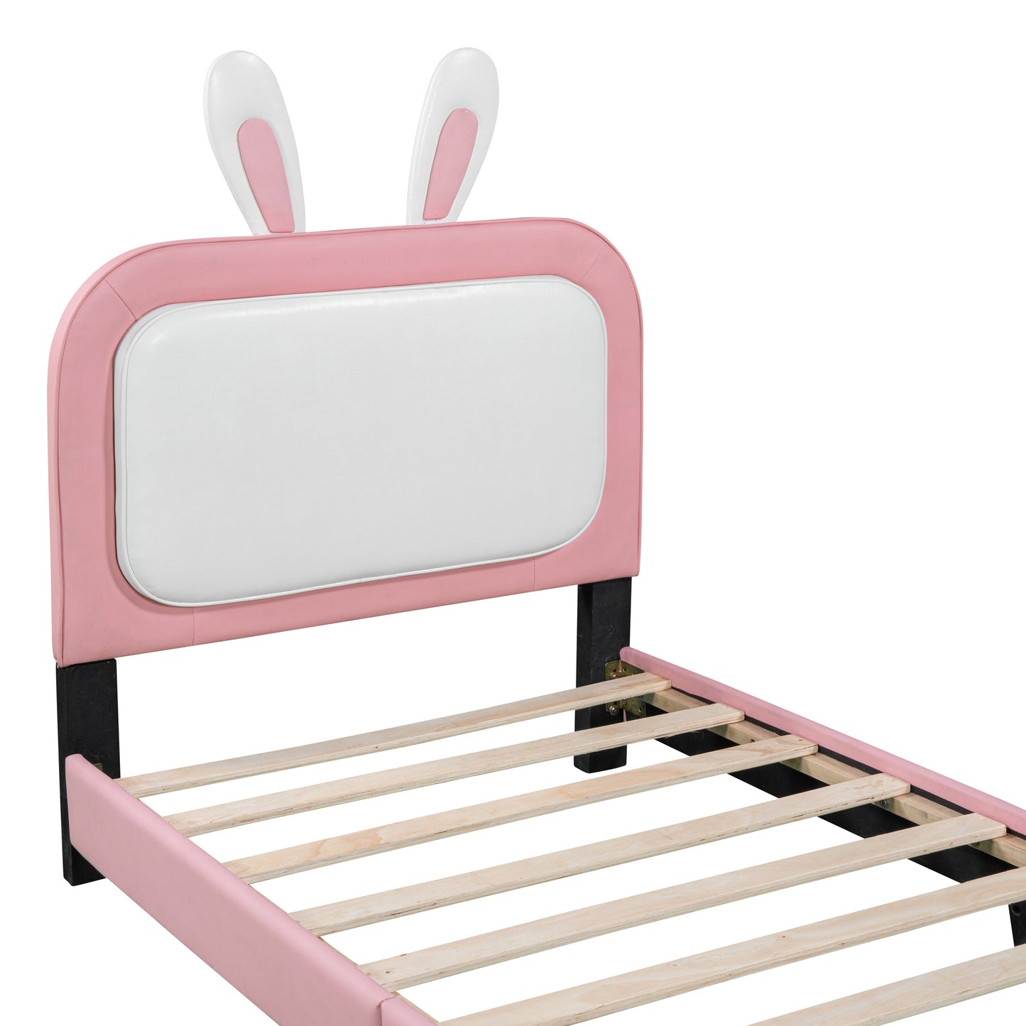 Twin size Upholstered Rabbit-Shape Princess Bed ,Twin Size Platform Bed with Headboard and Footboard,White+Pink