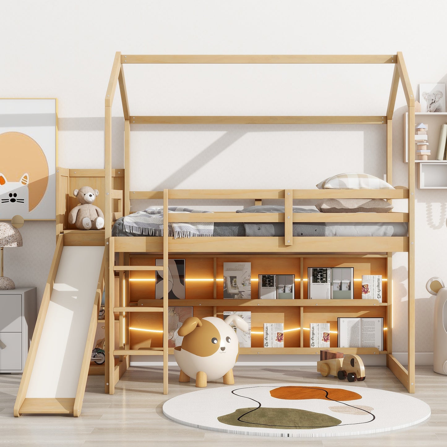 Twin Size Wood House Loft bed with Slide, Storage shelves and Light, Climbing Ramp, Wood Color