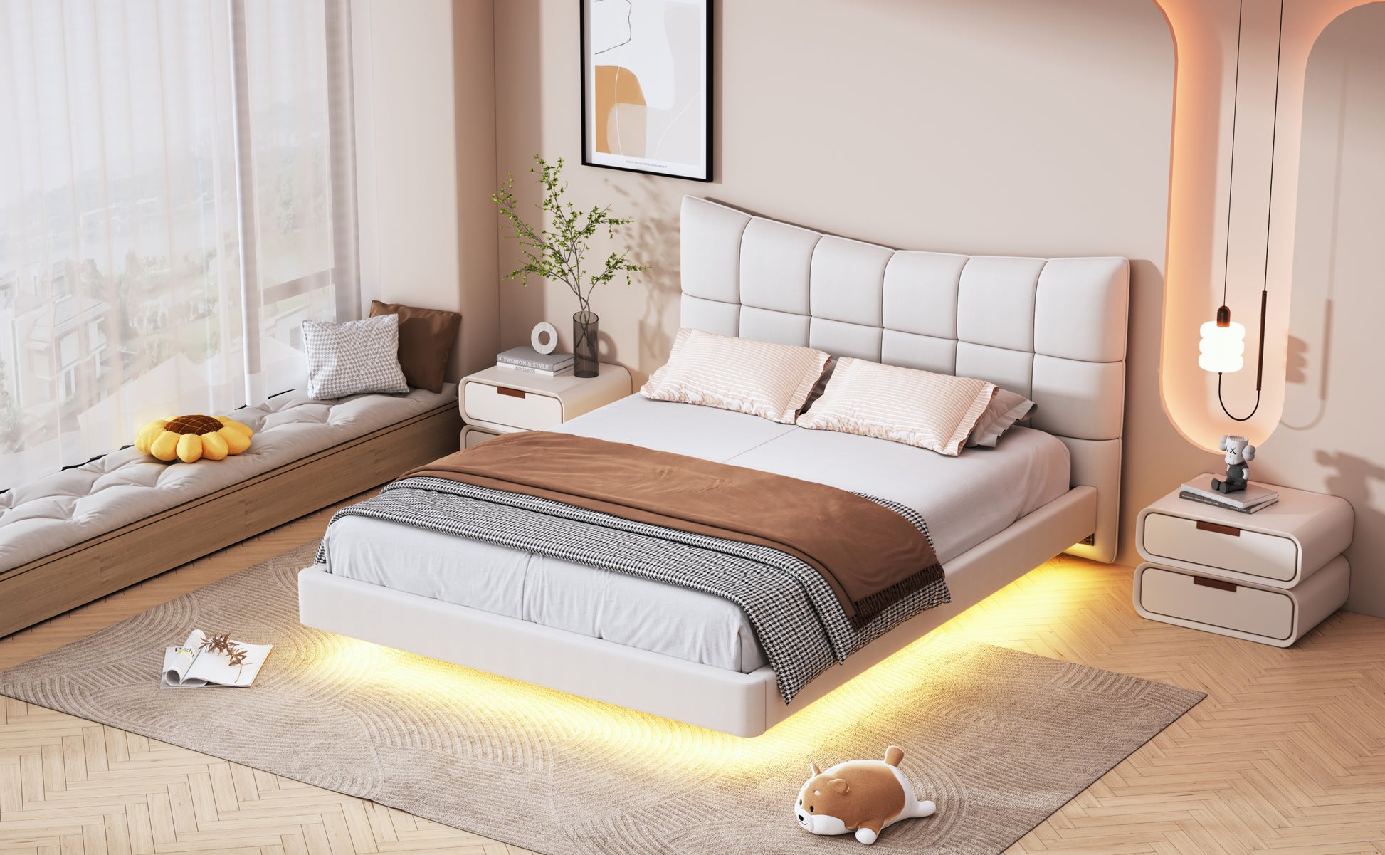 Full Size Upholstered Platform Bed with LED Lights,USB Ports and Outlets,Linen Fabric,Beige