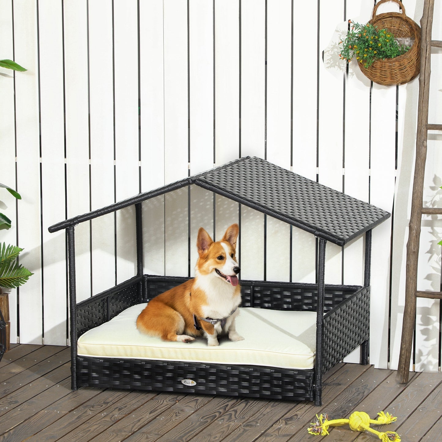 PawHut Wicker Dog House Outdoor with Canopy, Rattan Dog Bed with Water-resistant Cushion, for Small and Medium Dogs, Cream White