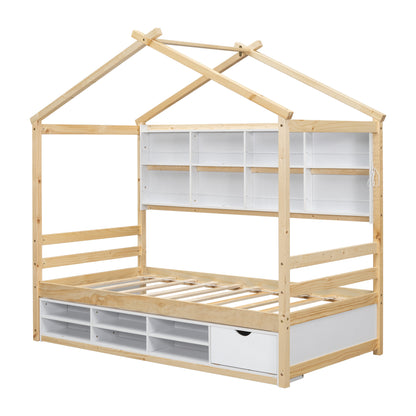 Twin House Bed with Roof Frame, Bedside-shelves, Under Bed Storage Unit,Natural