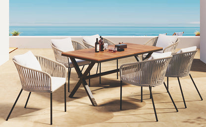 GO 7 Pieces Patio Dining Set, All-Weather Outdoor Furniture Set with Dining Table and Chairs, Acacia Wood Tabletop, Metal Frame, for for Garden, Backyard, Balcony, Beige