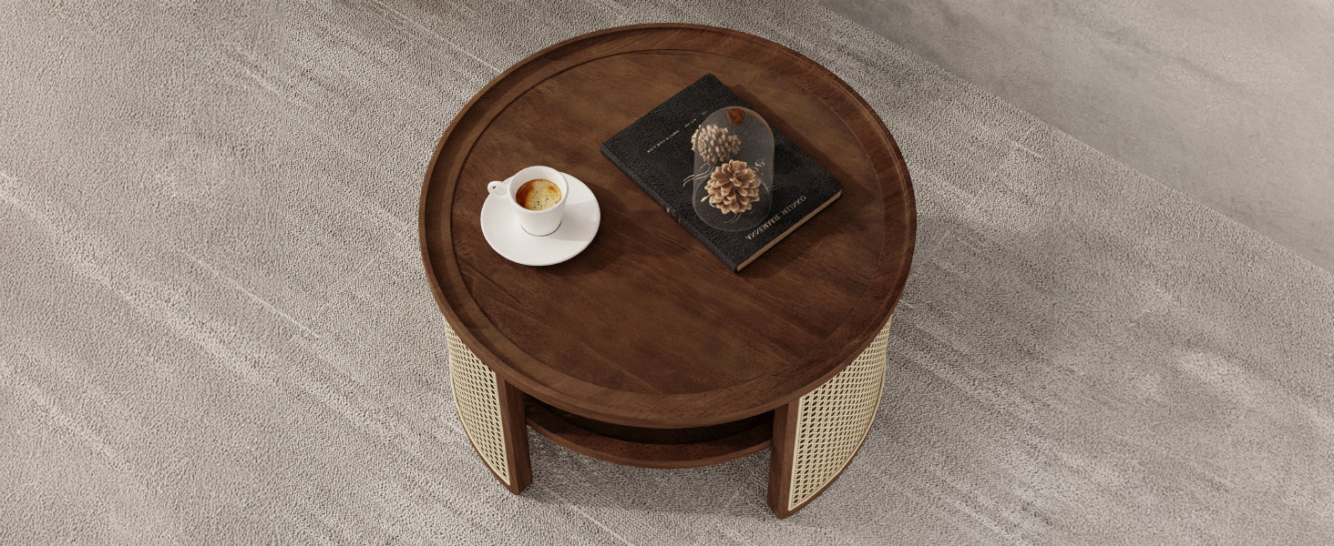 2-Tiered Round Walnut Wood Coffee Table with Storage Rattan Base in 31.3''