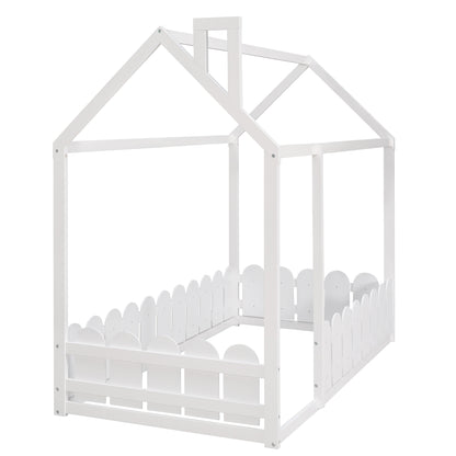 {Slats are not included}Twin Size Wood Bed House Bed Frame with Fence,for Kids,Teens, Girls,Boys {White}{OLD SKU:WF194274AAK}
