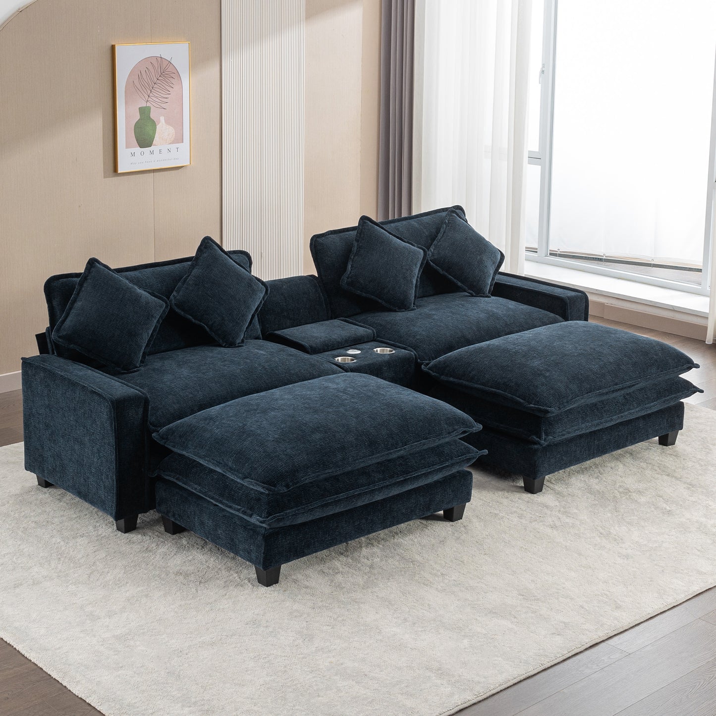 112.6" Sectional Sofa Chenille Upholstered Sofa with Two Removable Ottoman, Two USB Ports, Two Cup Holders and Large Storage Box for Living Room, Blue