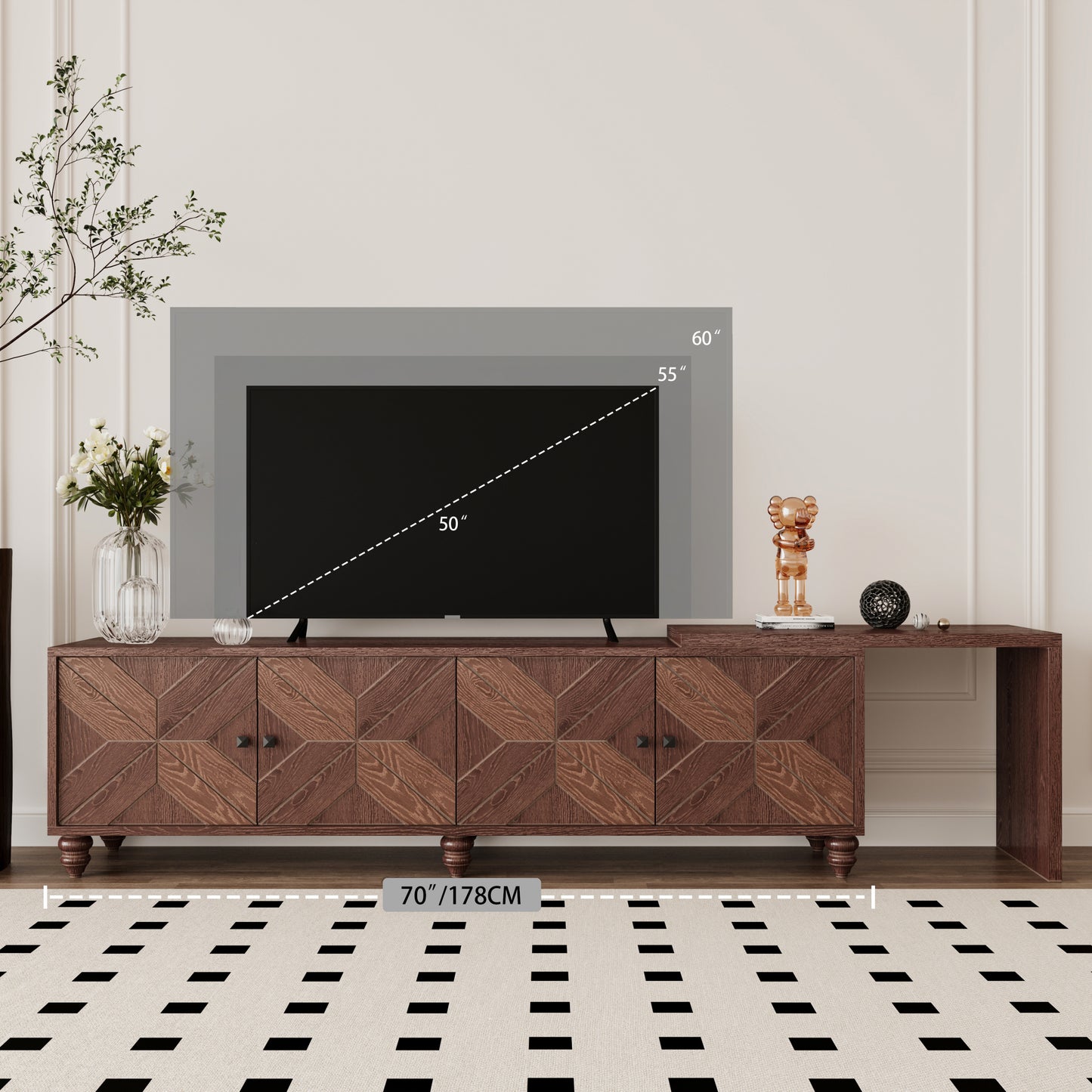 70"-90" Extendable TV Cabinet, Modern Entertainment Center with Storage and Adjustable Shelves, Mid 
Century Lacquered and Real Wood Veneered TV Console for Living Room, Hallway, Entryway, Walnut