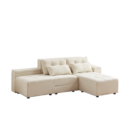 Convertible 3 in 1 Sleeper Sofa and Sectional Sofa with 4 Storage Space for Living Room,Corduroy Couch With 4 pillows,Corduroy