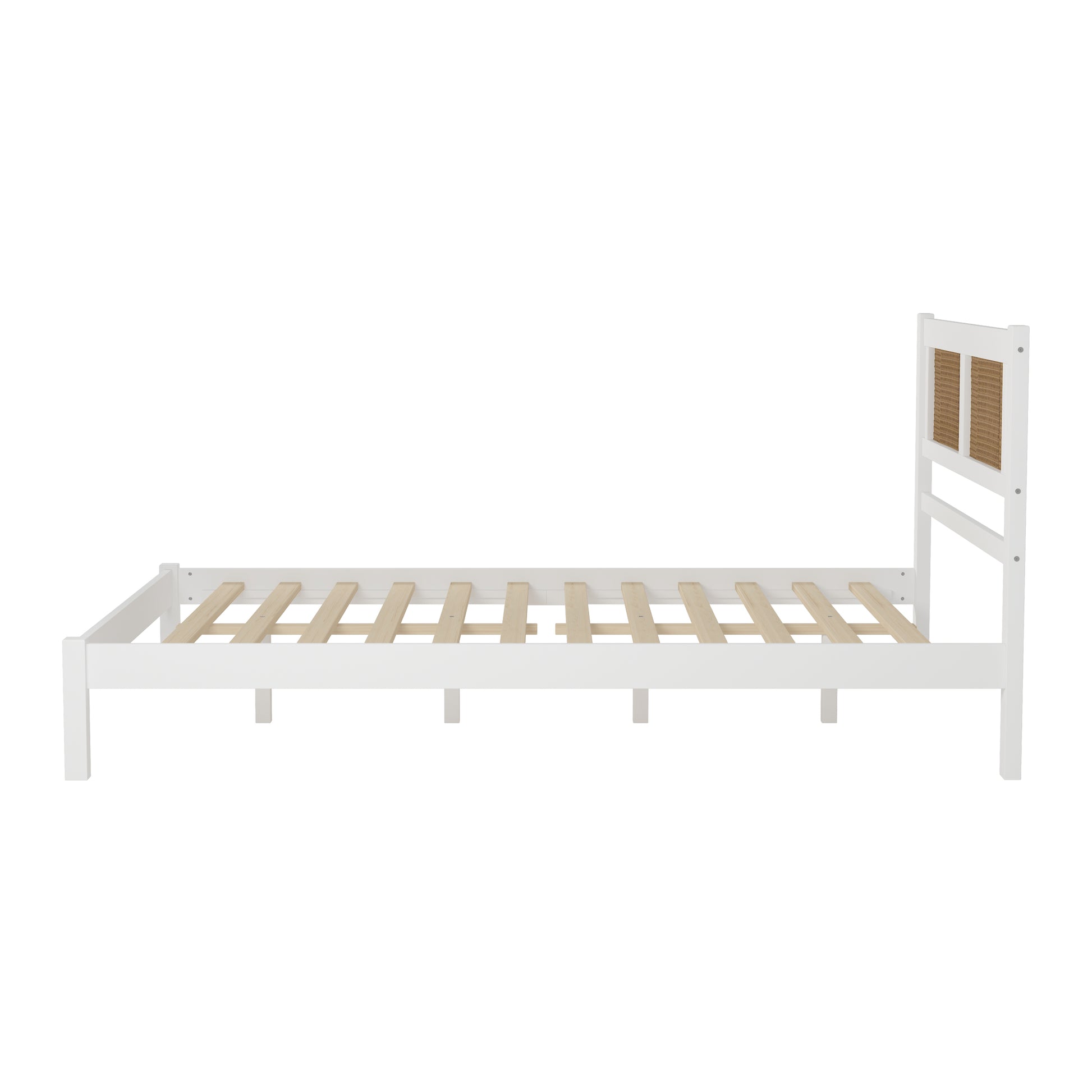 Queen Size Wood Platform Bed with Natural Rattan Headboard,Exquisite Elegance with Minimalist Charm for Bedroom,White