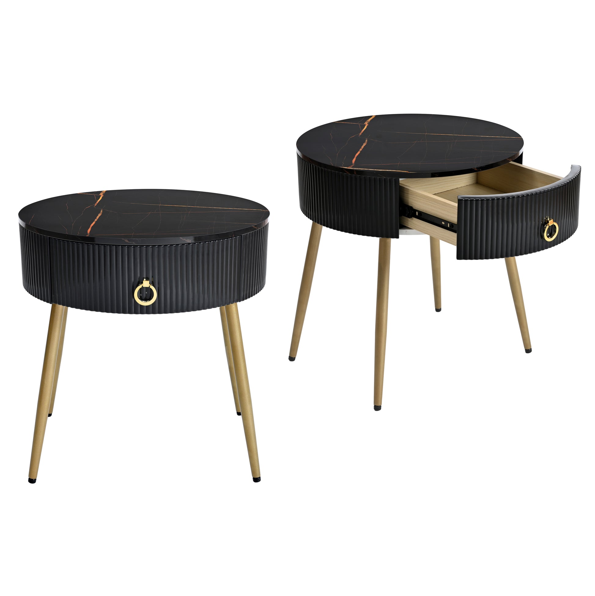 ON-TREND Φ19.6'' Easy Assembly End Tables with High Gloss Faux Marble Tabletops, Set of 2, Modern Fluted 2 Side Tables with Drawers, Round Coffee Tables with Golden Legs for Living Room, Black