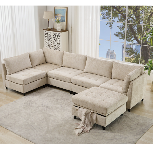 [NEW ARRIVED] [VIDEO PROVIDED]   Modular Sectional Couch with Storage Ottoman, U Shaped Sofa, Storage Ottoman,Minimalist ,Convertible Modular Sofa,Chenille ,Upholstered,6 Seat,Living Room,  Beige